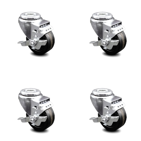 Service Caster 3 Inch Phenolic Wheel Swivel Bolt Hole Caster Set with Brake SCC-BH20S314-PHS-TLB-4